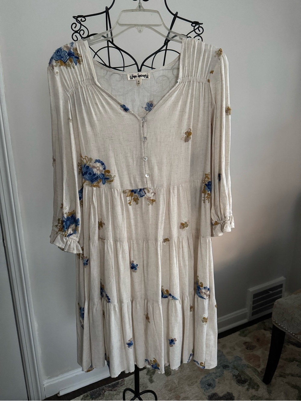 Blue Floral Cream Tiered Midi Dress by Hipster Vintage